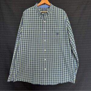 Chaps Mens 2XL Blue Green Plaid Button Down Shirt Long Sleeve Easy Care Collar